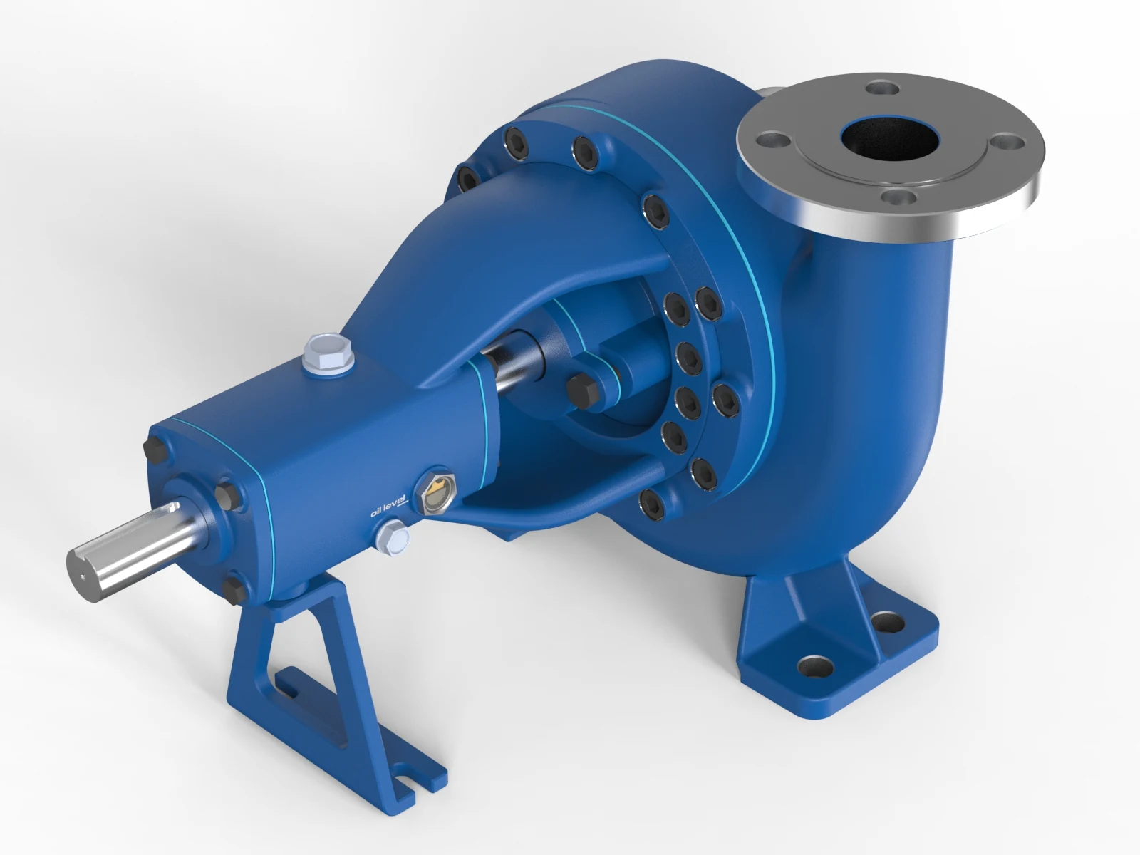 End-suction centrifugal pump 3D rendering, Hero view of the assembled pump