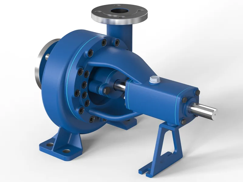 End-suction centrifugal pump 3D rendering, Rear three-quarter view