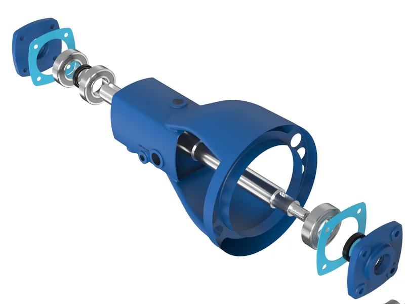 End-suction centrifugal pump 3D rendering, Bearing frame, shaft and bearings exploded
