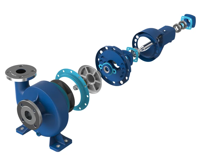 End-suction centrifugal pump 3D rendering, Exploded view showing impeller, seal and casing cover