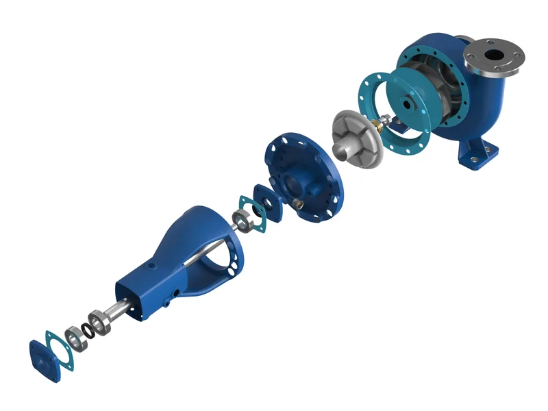 End-suction centrifugal pump 3D rendering, Full exploded view along the shaft axis