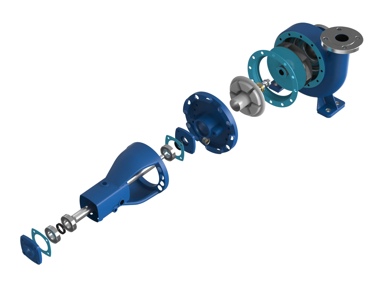 Exploded view rendering of a centrifugal pump