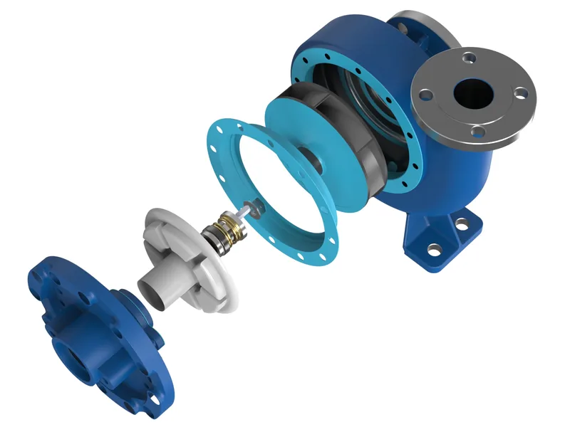 End-suction centrifugal pump 3D rendering, Volute casing, gasket and impeller separated