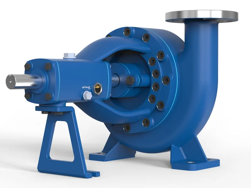 End-suction centrifugal pump 3D rendering, Side view with suction and discharge flanges