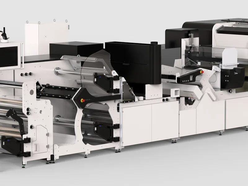 Digital label printing line 3D rendering, Print engine and module covers at close range