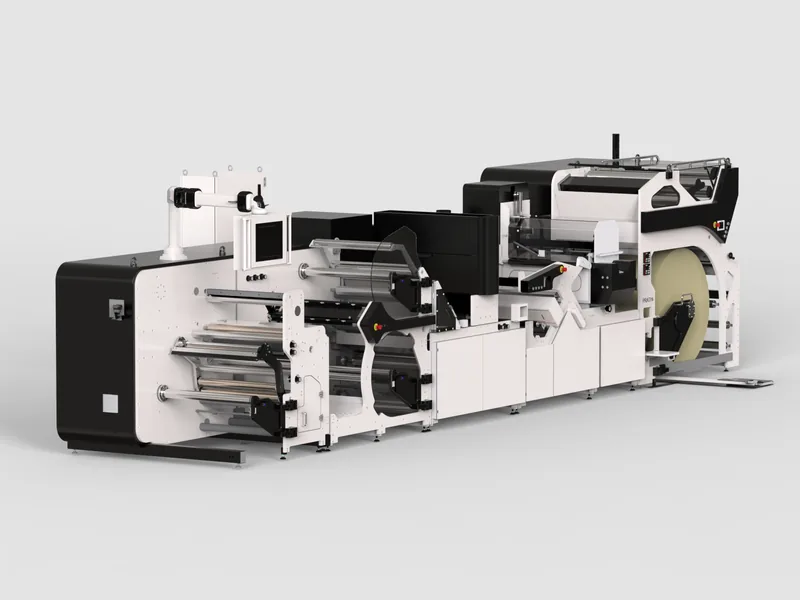 Digital label printing line 3D rendering, Full line from the operator side