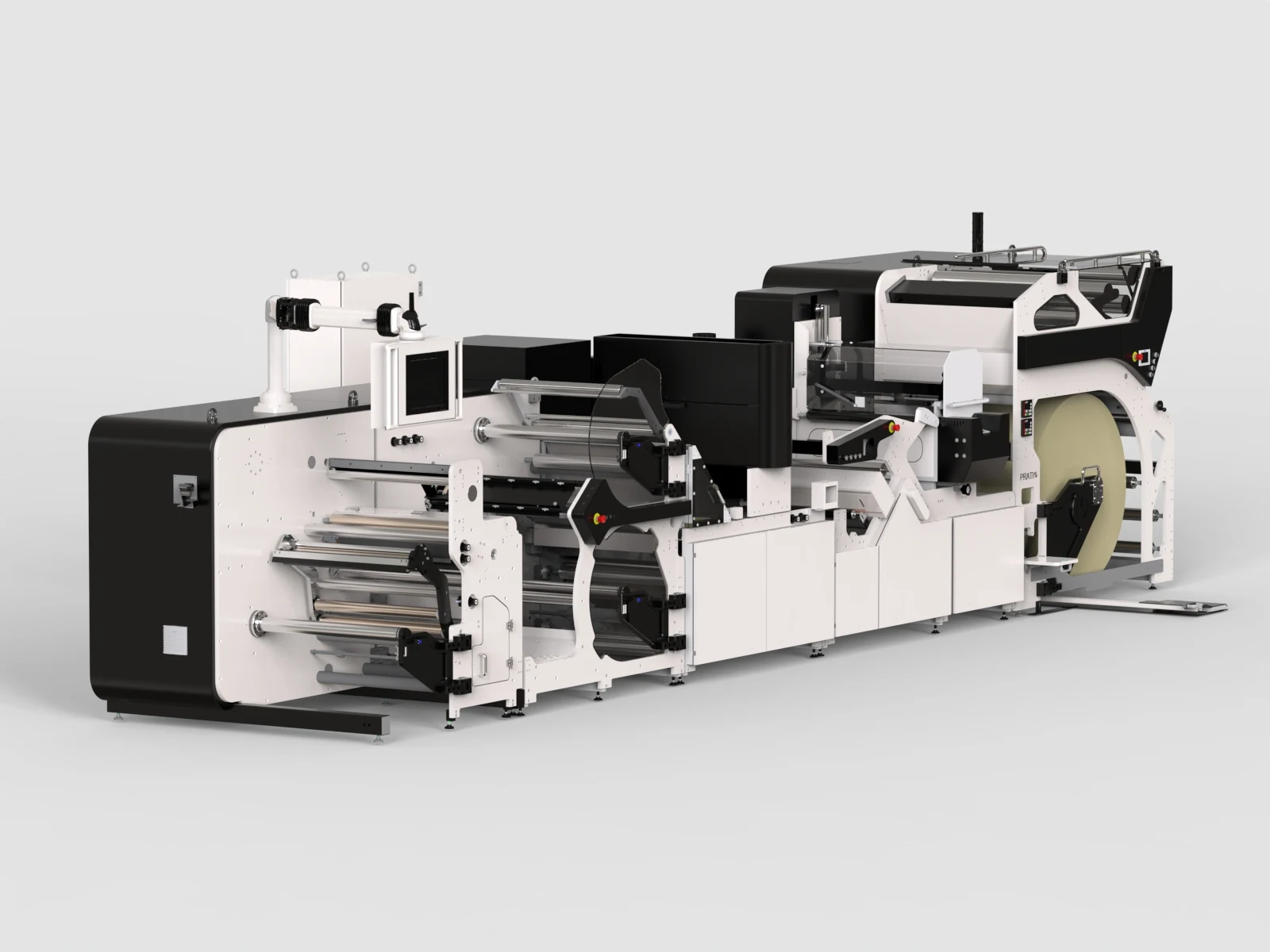 Digital label printing line 3D rendering, Full line from the operator side