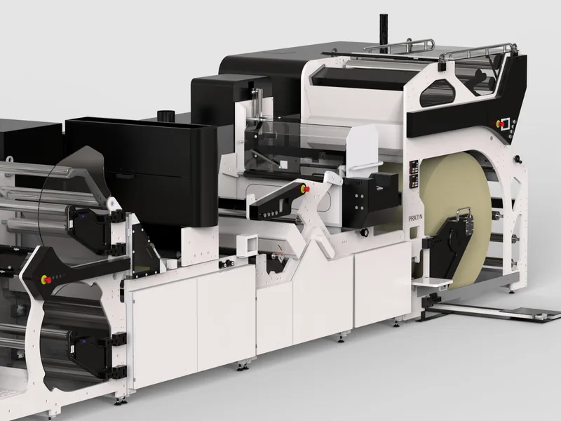 Digital label printing line 3D rendering, Unwind, web guiding and finishing module detail