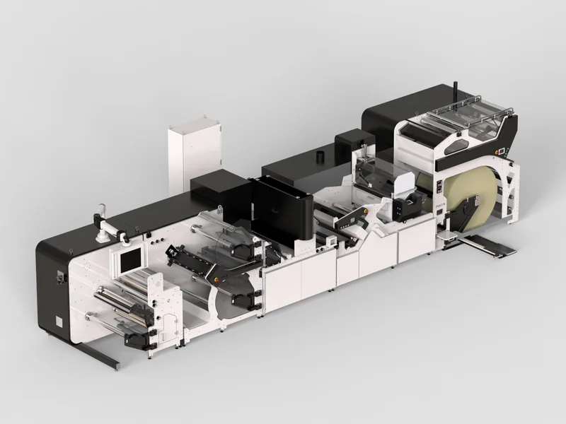 Digital label printing line 3D rendering, Three-quarter view of the complete press and finishing line
