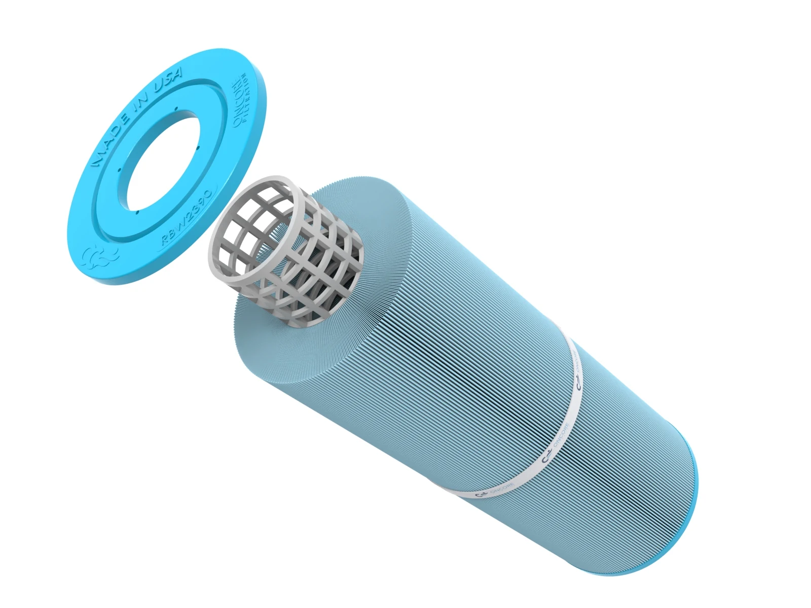 Pleated filter cartridge 3D rendering, Exploded view with end cap and inner core