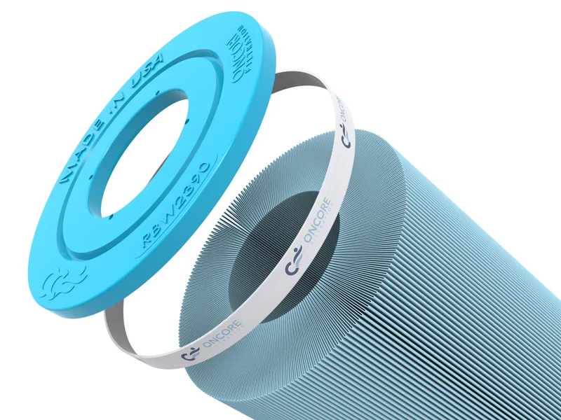 Pleated filter cartridge 3D rendering, End cap and retaining band exploded