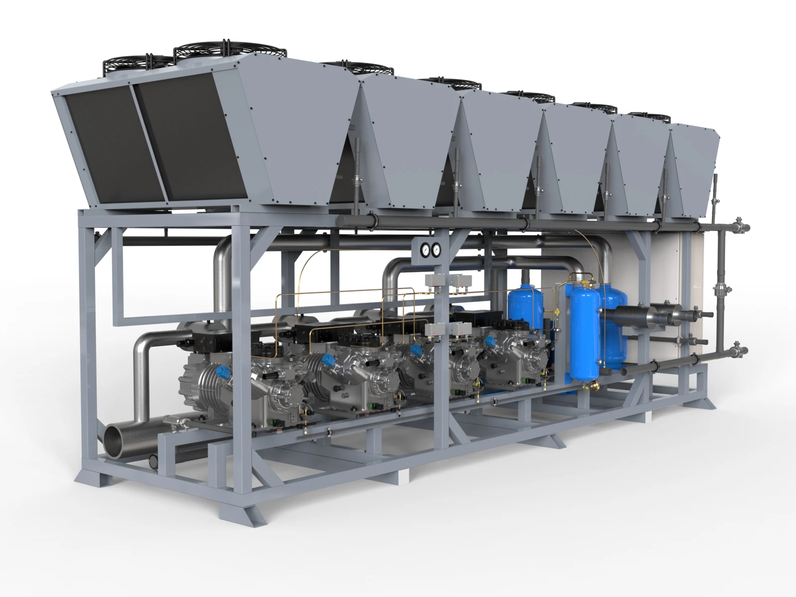 HVAC compressor rack 3D rendering, Three-quarter hero view on a white studio sweep