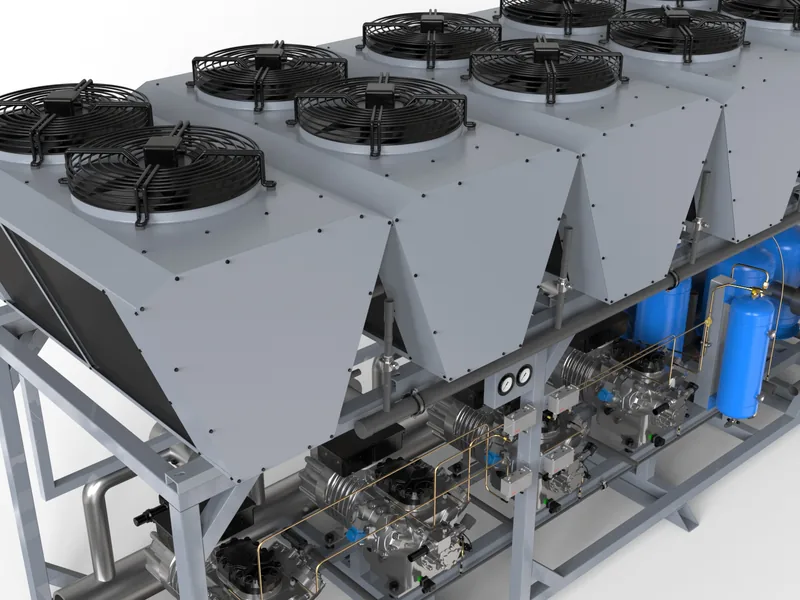 HVAC compressor rack 3D rendering, Condenser fans and V-coil geometry from above