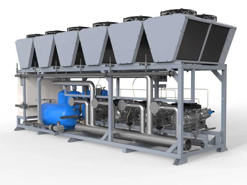 HVAC compressor rack 3D rendering, Rear view with receiver, suction and discharge lines