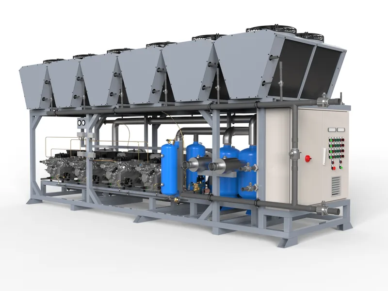 HVAC compressor rack 3D rendering, Control panel end with the electrical enclosure