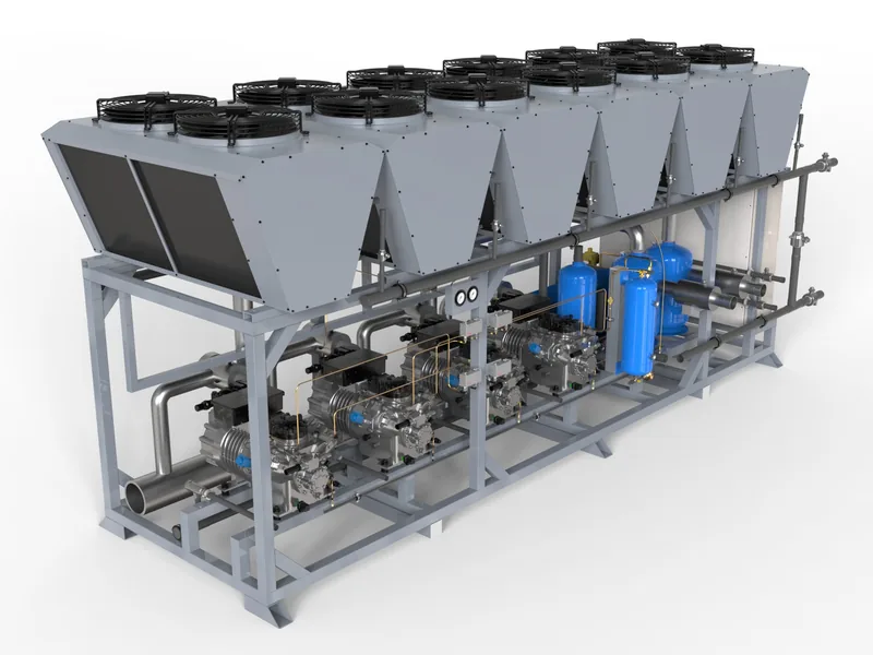 HVAC compressor rack 3D rendering, High angle showing the full condenser fan deck