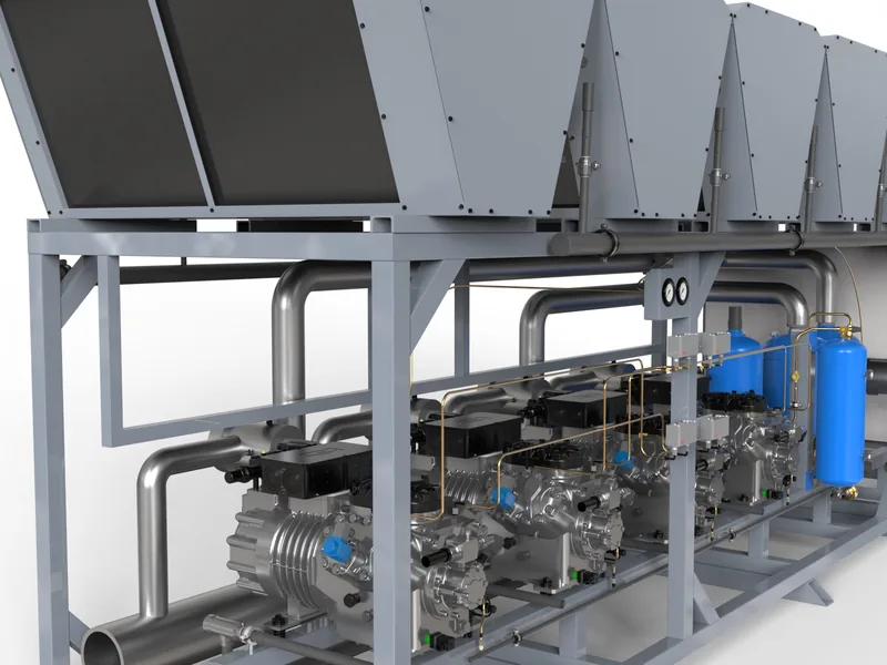 HVAC compressor rack 3D rendering, Compressor bank, valves and pipe runs at close range