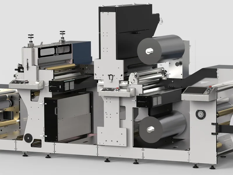 Label converting machine 3D rendering, Web guiding, rollers and station framework