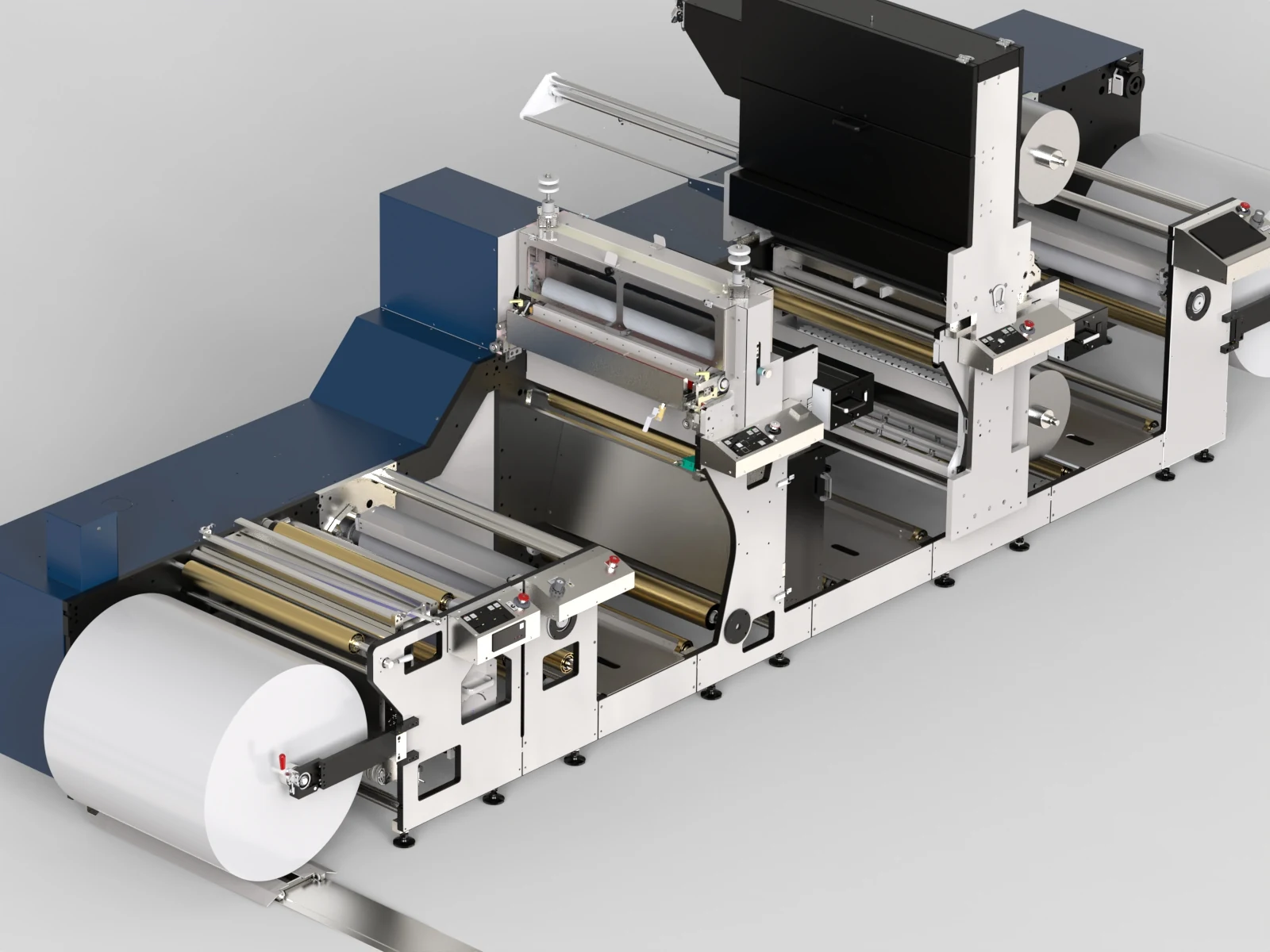 Label converting machine 3D rendering, Hero view with the unwind roll in the foreground