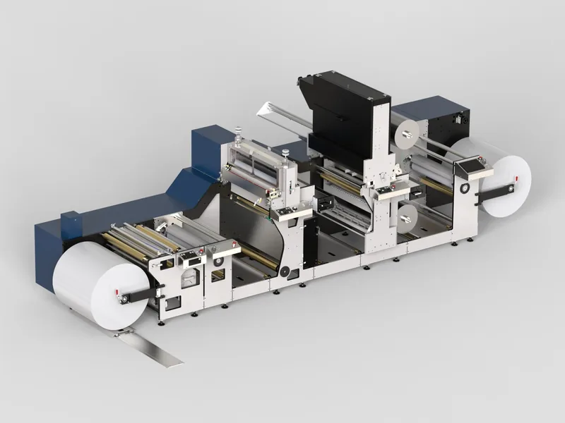 Label converting machine 3D rendering, Full machine from the operator side