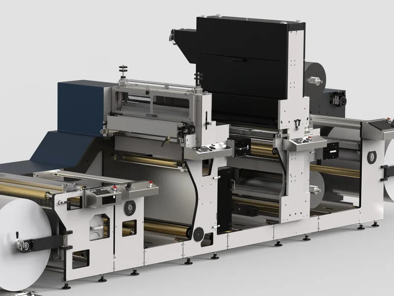 Label converting machine 3D rendering, Print and embellishment station close-up