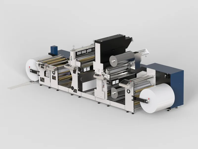Label converting machine 3D rendering, Rear view showing the drive side and rewind