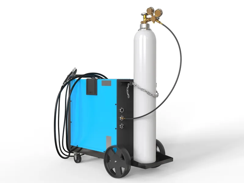 MIG welding machine 3D rendering, Rear view with gas cylinder and chain