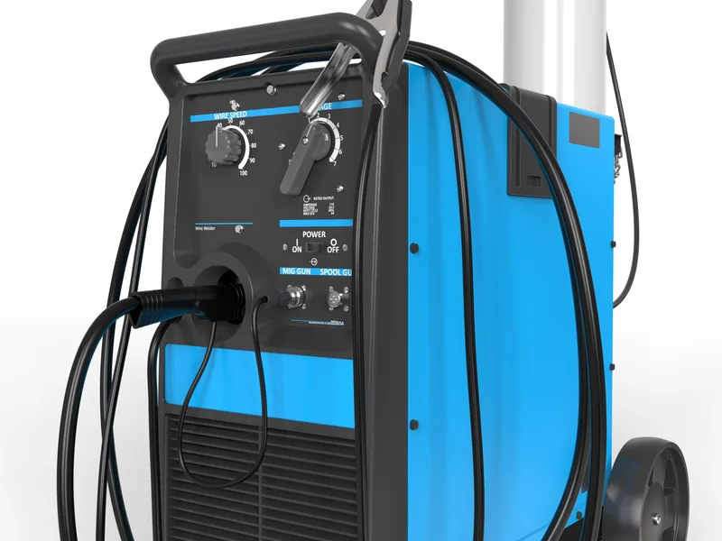 MIG welding machine 3D rendering, Control panel and wire-feed housing close-up