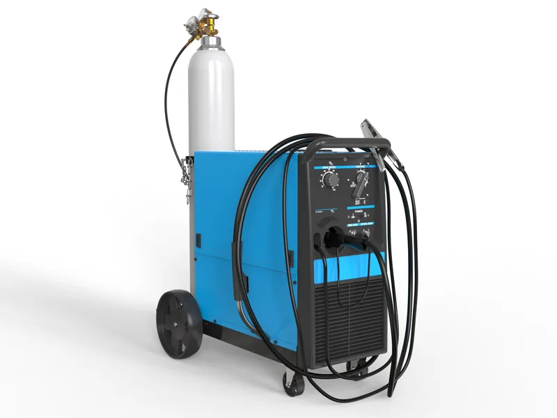 MIG welding machine 3D rendering, Front view on a white studio floor