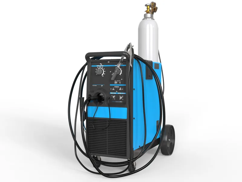 MIG welding machine 3D rendering, Hero view with torch and cables routed