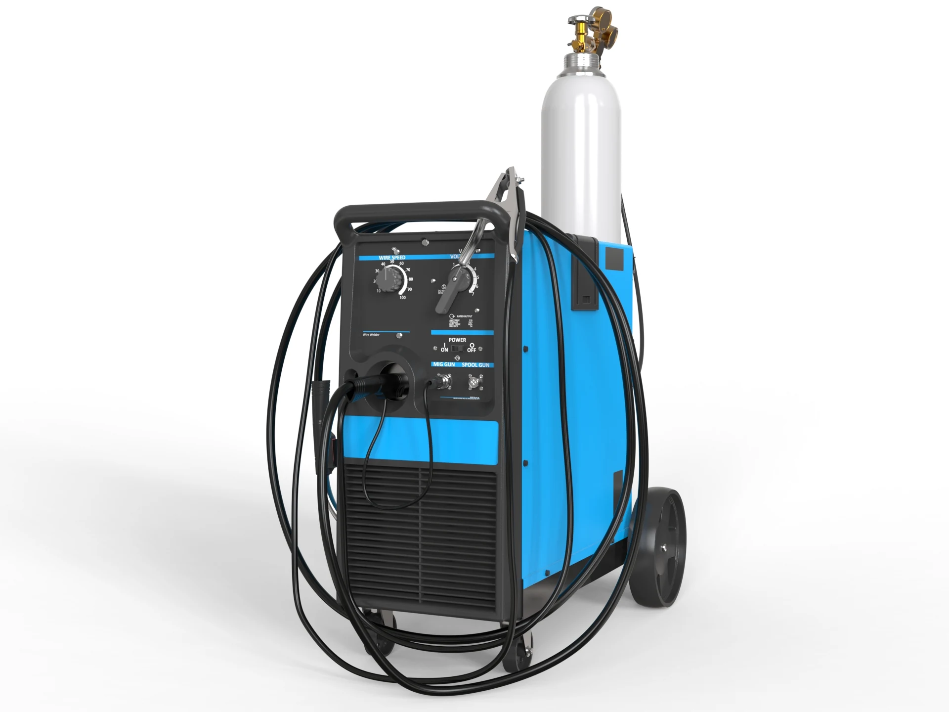 MIG welding machine 3D rendering, Hero view with torch and cables routed
