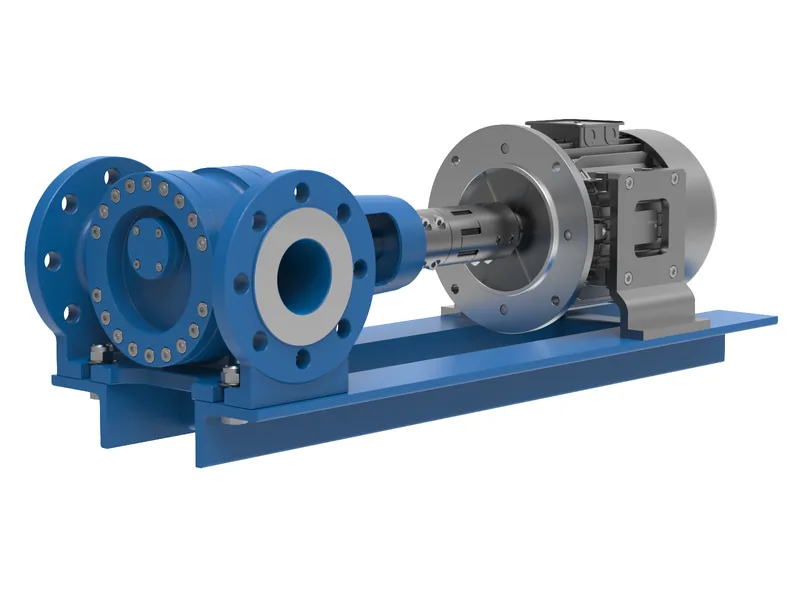 Base-mounted pump and motor set 3D rendering, Pump flange end and base frame