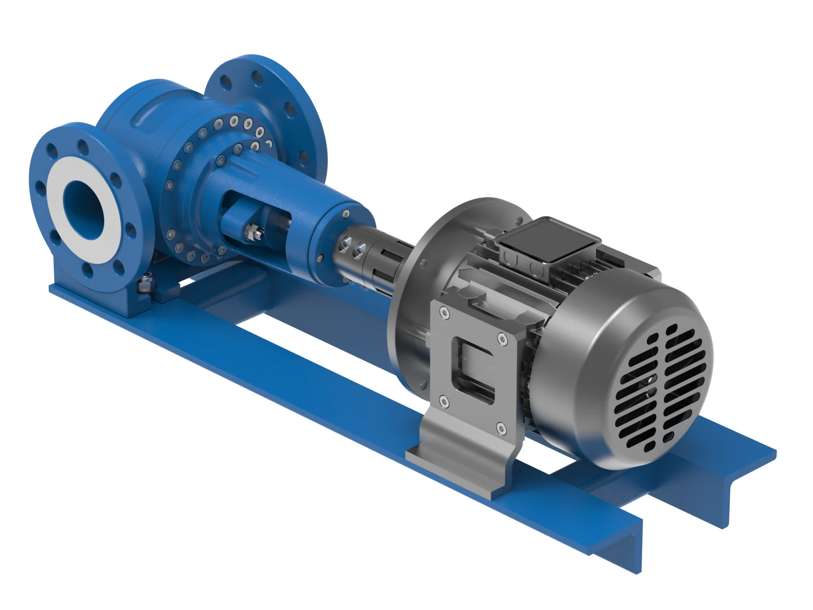Base-mounted pump and motor set 3D rendering, Hero view of the complete pump set