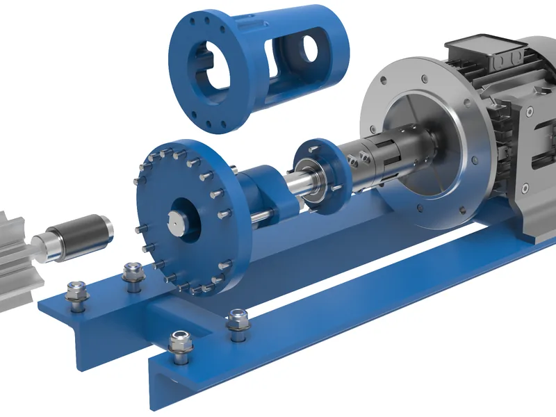 Base-mounted pump and motor set 3D rendering, Coupling components separated on the base