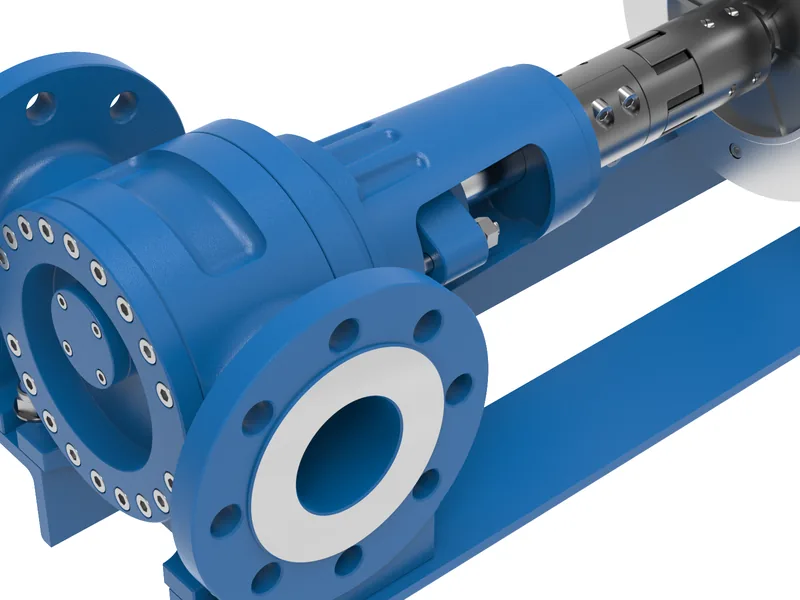 Base-mounted pump and motor set 3D rendering, Close-up of the pump flange and casing