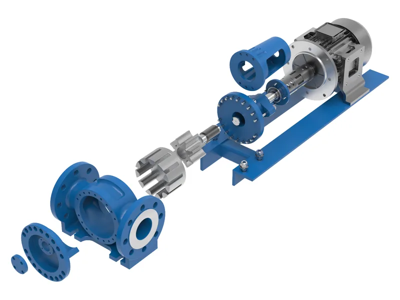 Base-mounted pump and motor set 3D rendering, Exploded view of pump, coupling and lantern