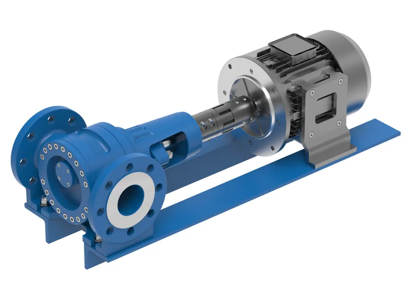 Base-mounted pump and motor set 3D rendering, Lantern opened to show the coupling