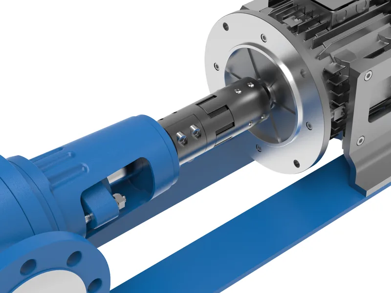 Base-mounted pump and motor set 3D rendering, Macro of shaft, coupling and motor flange