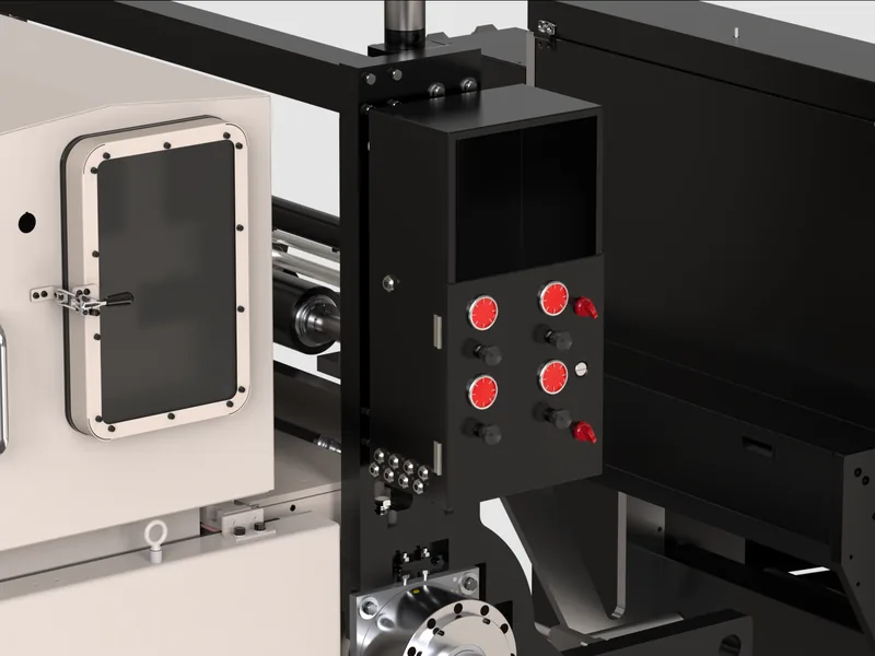 Roll-to-roll web processing machine 3D rendering, Macro of the control panel and inspection door