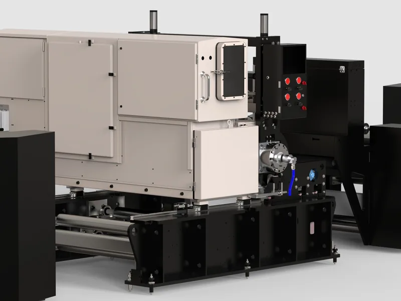Roll-to-roll web processing machine 3D rendering, Process enclosure with inspection window and panel