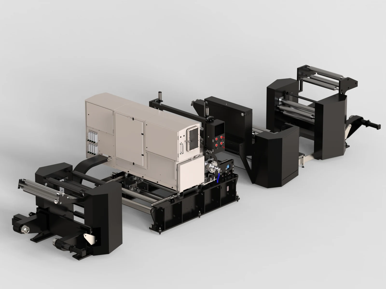 Roll-to-roll web processing machine 3D rendering, High angle view of the complete machine and web stands