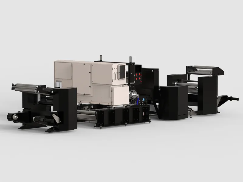 Roll-to-roll web processing machine 3D rendering, Full line at eye level