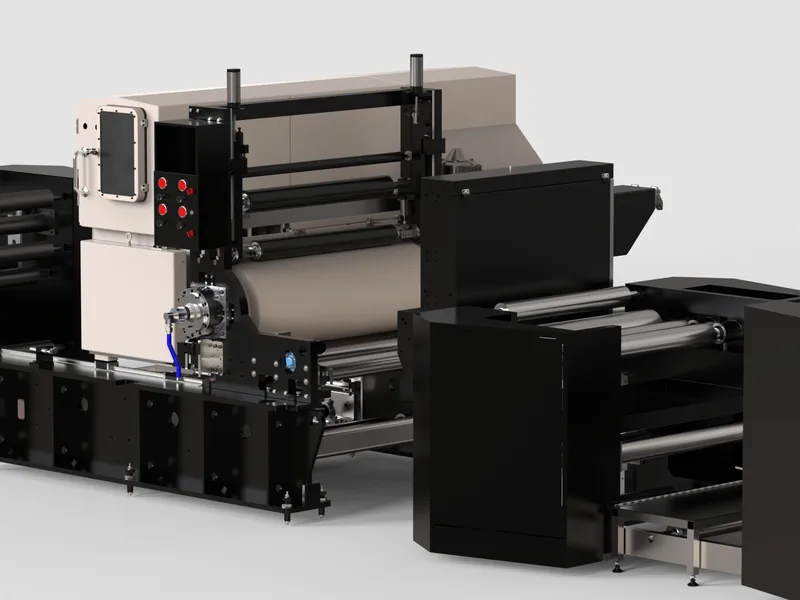 Roll-to-roll web processing machine 3D rendering, Infeed side with rollers and drive