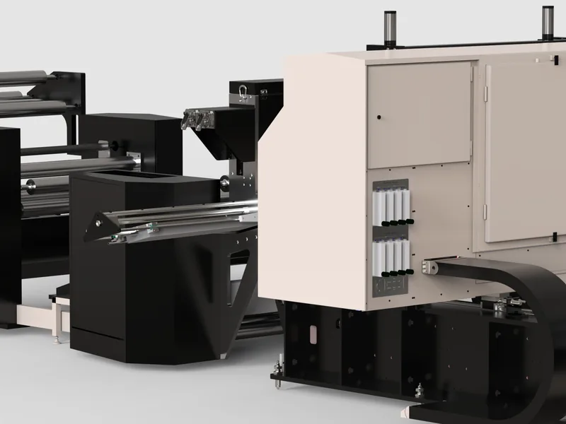 Roll-to-roll web processing machine 3D rendering, Rear of the enclosure with service panels