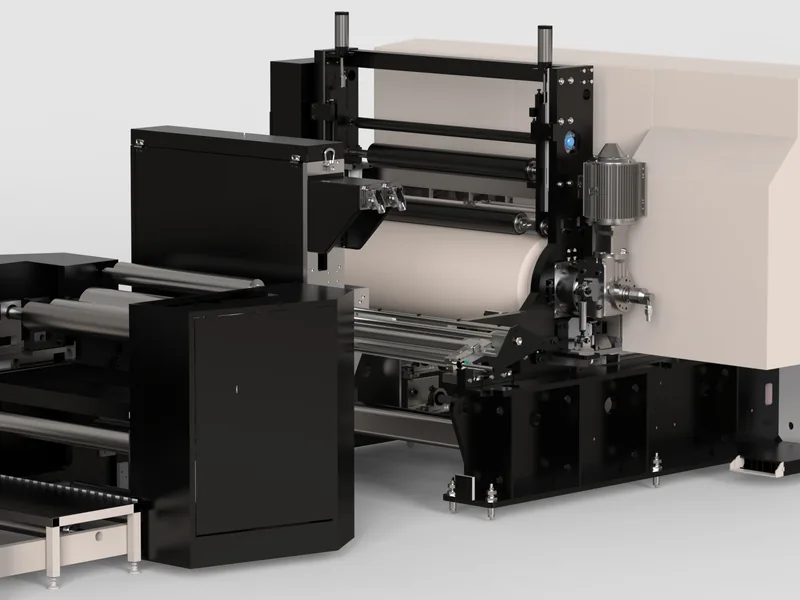 Roll-to-roll web processing machine 3D rendering, Roller stack and web path through the frame