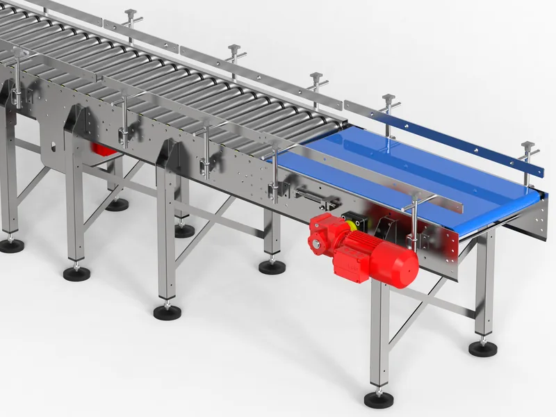 Roller conveyor system 3D rendering, Gear motors and modular belt at close range