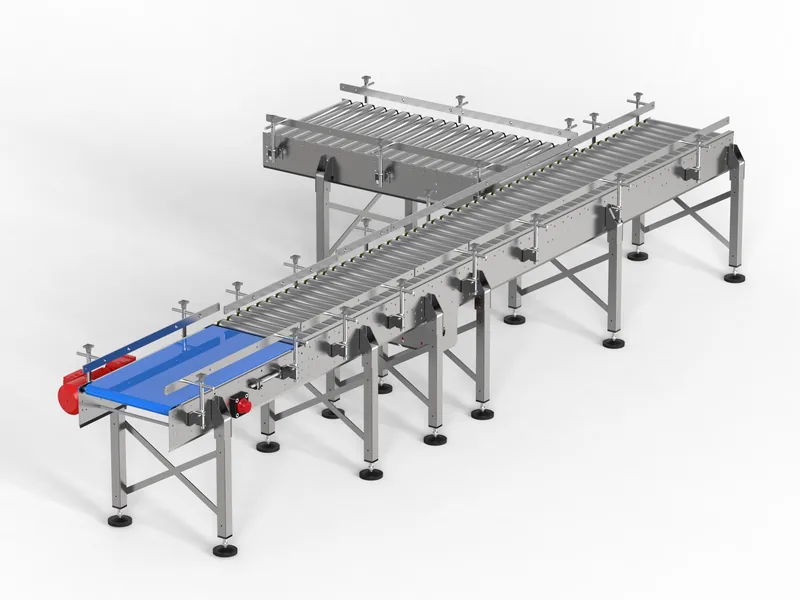 Roller conveyor system 3D rendering, Three-quarter view of the belt transfer and drive end