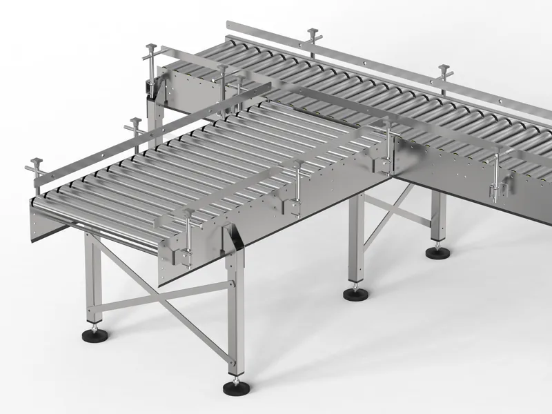 Roller conveyor system 3D rendering, Right-angle junction with side guides and adjustable legs