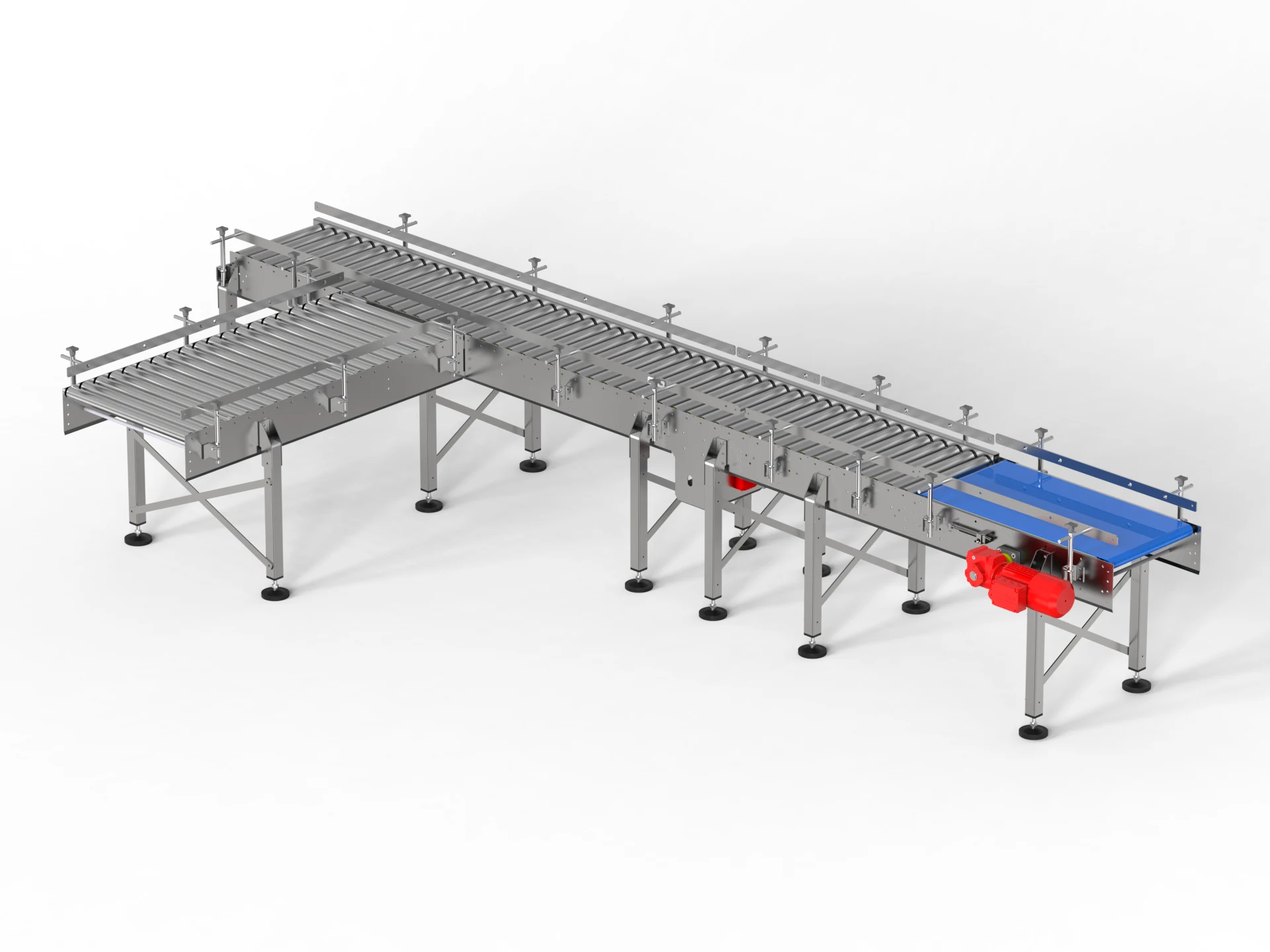 Roller conveyor system 3D rendering, Full system layout with the belt transfer section