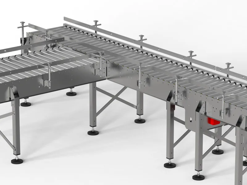 Roller conveyor system 3D rendering, Stainless rollers, frames and guide rails